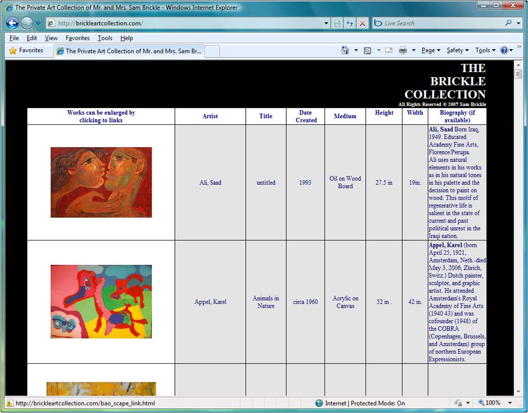 Brickle Art Collection webpage screen capture