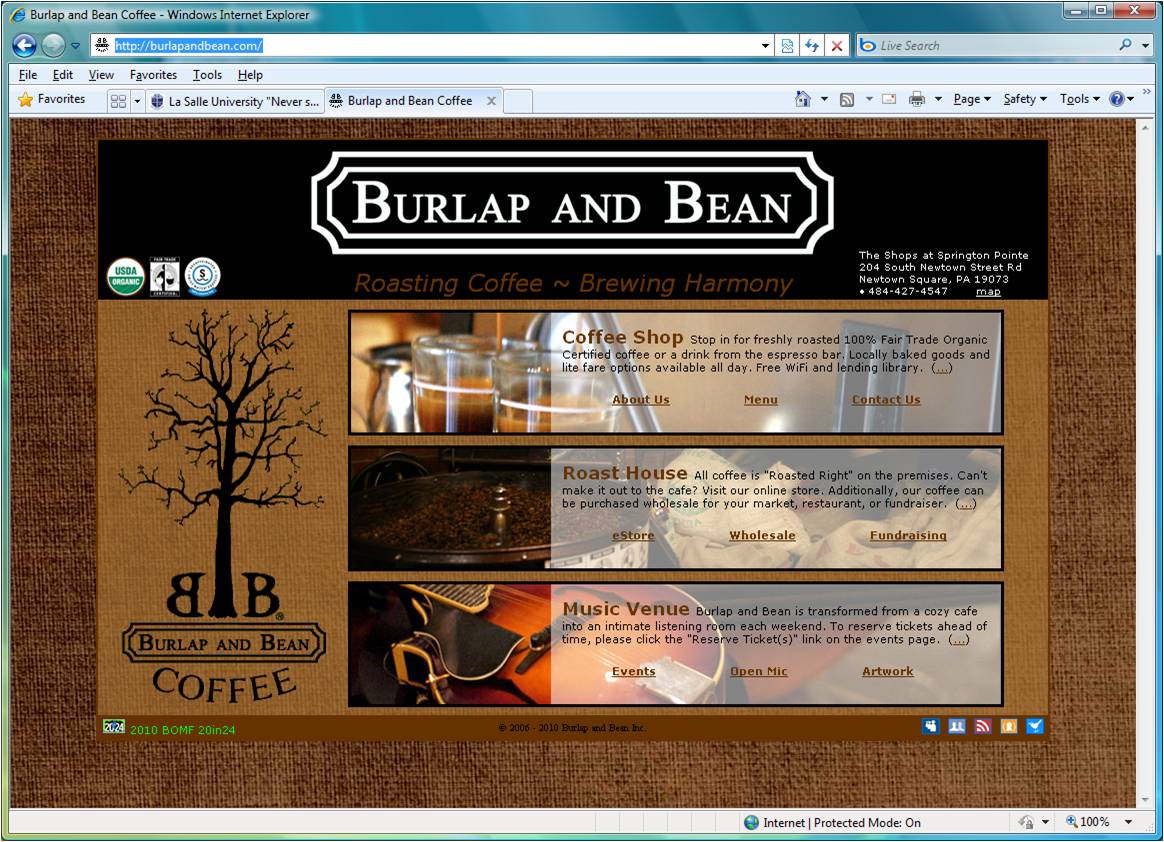 Burlap and bean webpage screen capture