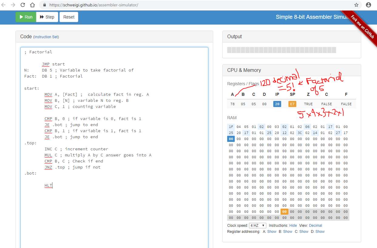 screen capture Factorial in Assembly