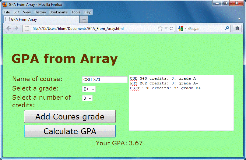 GPA from Array Screen capture