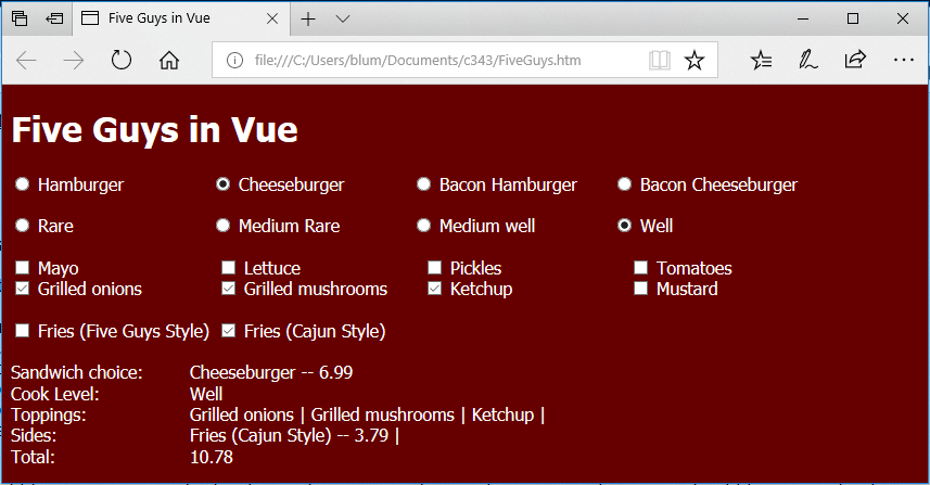 Screen capture Five Guys Lab in Vue