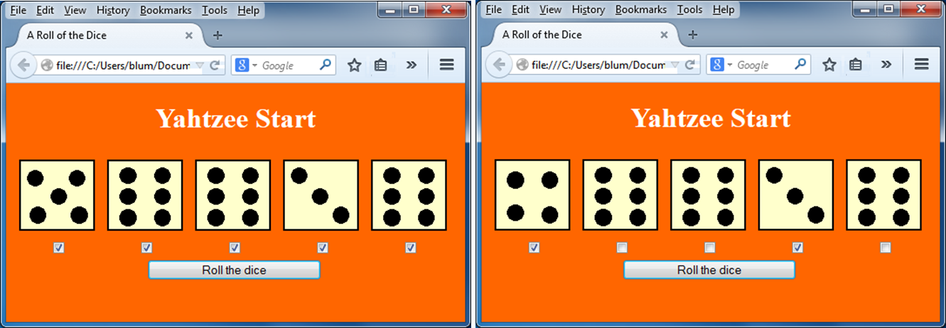 Yahtzee Dice interface