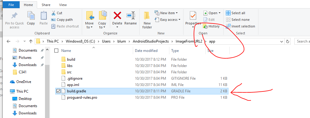 location of edited build.gradle file