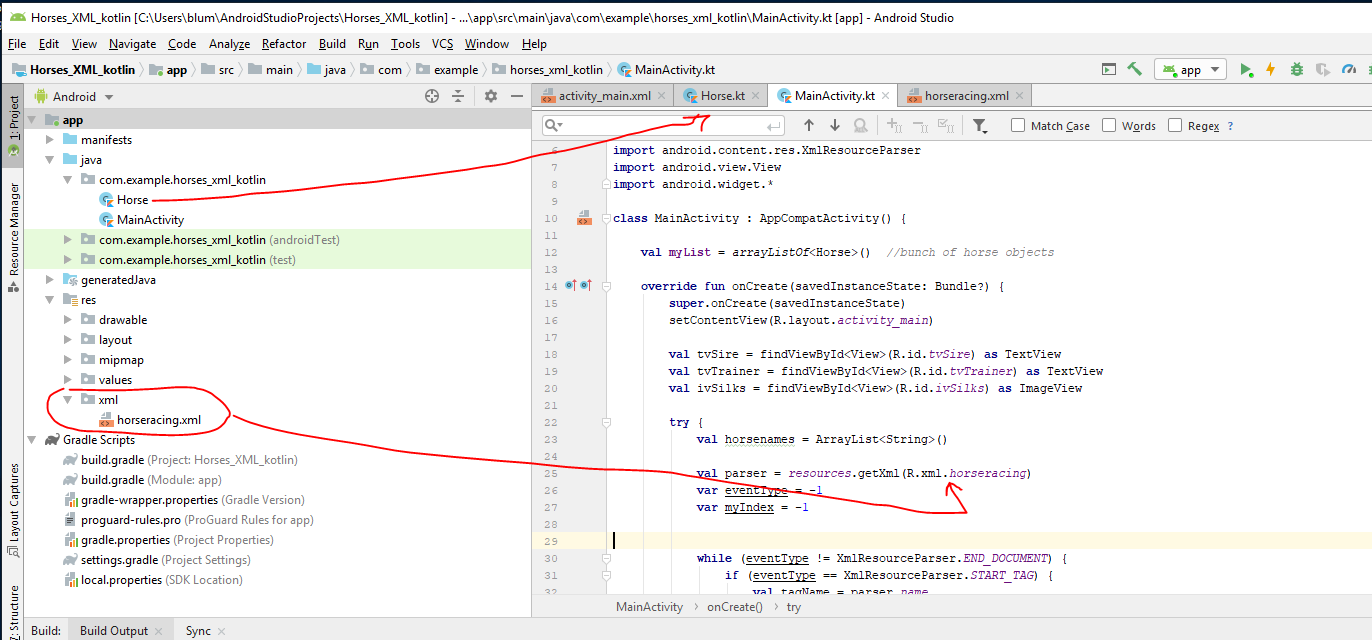 Screen capture of AndroidStudio xml reading project