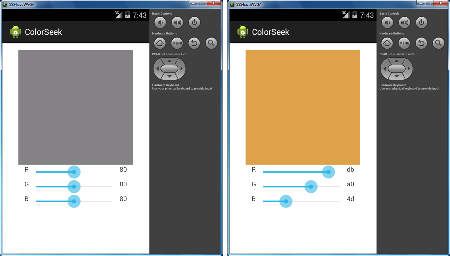 Screen Captures for Android App to Select Color using SeekBars