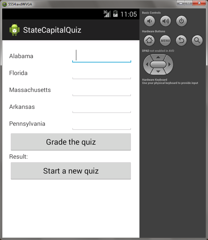 Screen Capture for Android App State capital Quiz