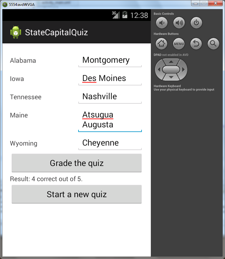 Screen Capture for Android App State capital Quiz