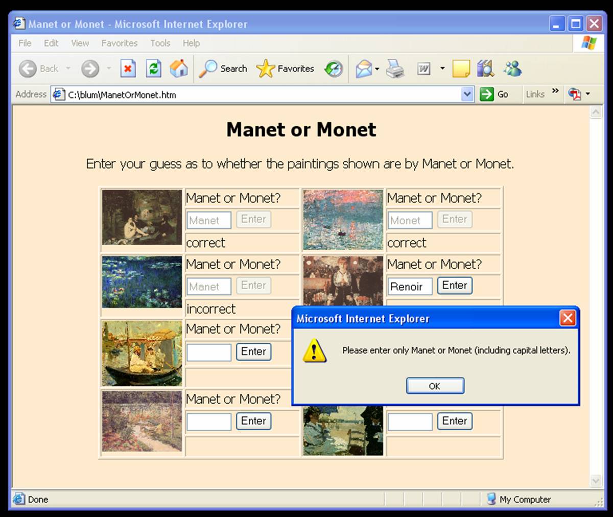 Manet-Monet Quiz Screen Capture