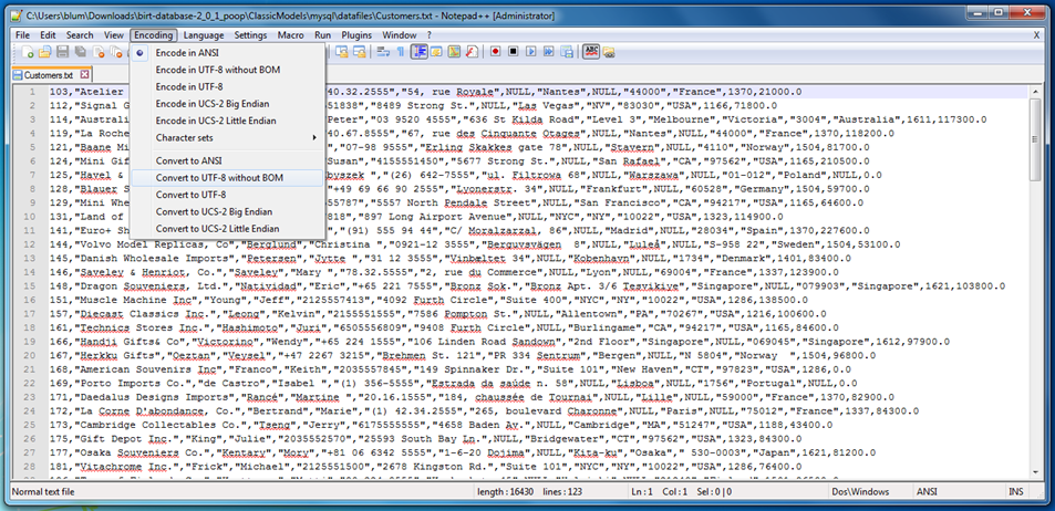 Using Notepad++ to convert file encoding