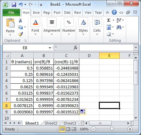 Excel spreahsheet showing limits